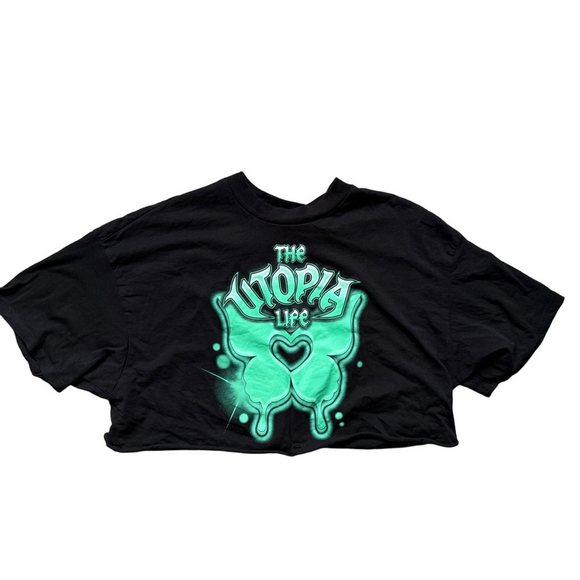 H&M Black Crop Top with Green Butterfly Design XS - Picture 1 of 6